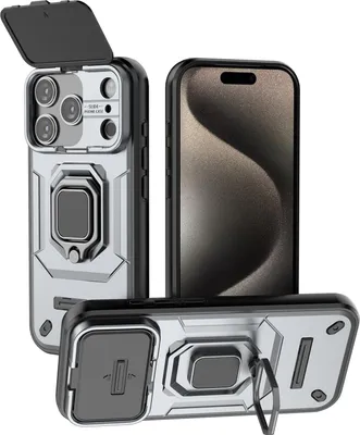 Produktbild von Hülle für iPhone 17 Pro Max Dual Layer Handyhülle Schiebe Kamera Schutz und Ringhalter Ständer Grau