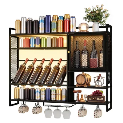 Obrázek produktu pro Nástěnná skříňka Puluomis Weinregal s RGB LED osvětlením a režimem přehrávání hudby, rozměry 100x80 cm, s ochranou proti převrácení, dveřmi, skleněnou policí z tvrzeného skla, držáky na vinné sklenice, háčky a ovládáním přes aplikaci, barva černá