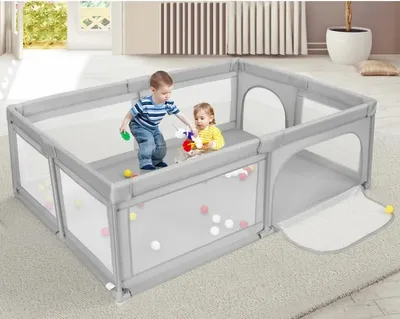 Produktbild von Baby Laufgitter faltbar Laufstall Absperrgitter mit 50 Spielbällen 205x147x66cm Hellgrau