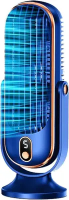 Produktbild von Draagbare blauwe bureauventilator met 5 windsnelheden, 720° kantelbare oscillatie, USB-aansluiting, krachtige luchtstroom.