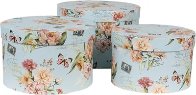 Zdjęcie produktu dla Zestaw 3 pudełek do przechowywania Clayre & Eef Ø 24x16 / Ø 22x15 / Ø 21x13 cm Niebieskie kartonowe kwiaty
