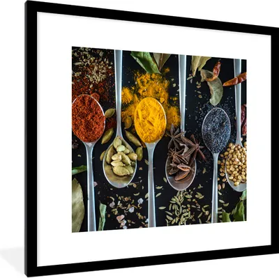 Produktbild von MuchoWow® Gerahmtes Poster Kräuter - Löffel - Gewürze - Schwarz - Küche 40x40 cm - Poster mit Schwarzem Bilderrahmen Wandposter Rahmen Foto Bilder - Poster - Plakat im Rahmen