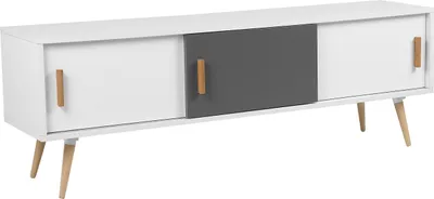 Produktbild von BELIANI Sideboard Weiß Grau MDF Platte Buchenholz 55 x 160 x 40 cm Modern 3 Schränke Glamourös TV Möbel Lowboard Dekorativ Multifunktional Wohnzimmer