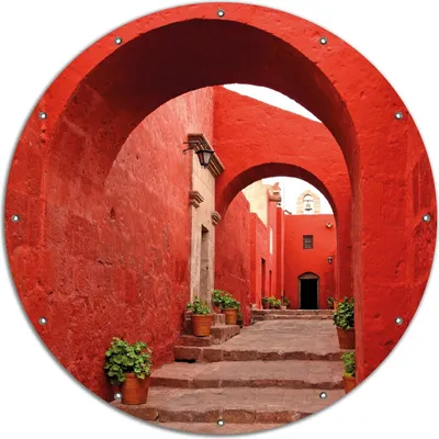 Produktbild von Wallario rundes Outdoor-Poster für Garten oder Balkon, Motiv Roter Torbogen, 120 cm Durchmesser