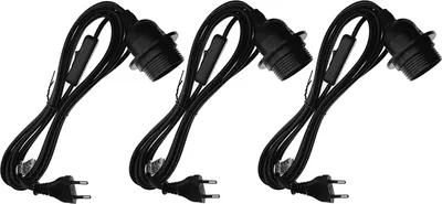 Three black lamp holders with cords and plugs are arranged diagonally on a white background.