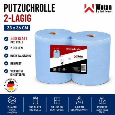 Produktbild von 2x Putztuchrolle 2-lagig blau 33x36cm Putzrolle 1000 Blatt Putzpapier XXL 4,28KG