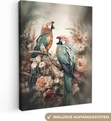 Produktbild von MuchoWow® - Leinwandbilder - Papageien - Vögel - Natur - Blumen, Wandbild, Wanddeko Bilder Wohnzimmer, 30x40 cm