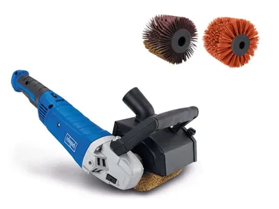 A blue and gray power tool with two brush attachments on a white background.
