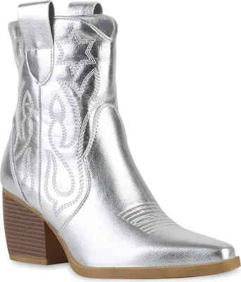 Produktbild von VAN HILL Damen Stiefeletten Cowboy Boots Trichterabsatz Stickereien Schuhe 837779, Farbe: Silber, Größe: 36