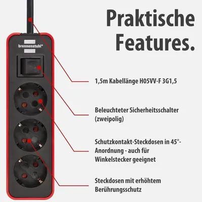 Produktbild von Brennenstuhl Ecolor Steckdosenleiste 3-Fach (Mehrfachsteckdose mit Schalter und 1,5m Kabel) rot/schwarz
