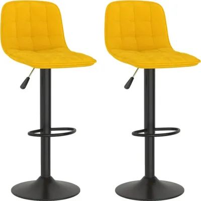 Two yellow bar stools with black bases are shown against a white background.