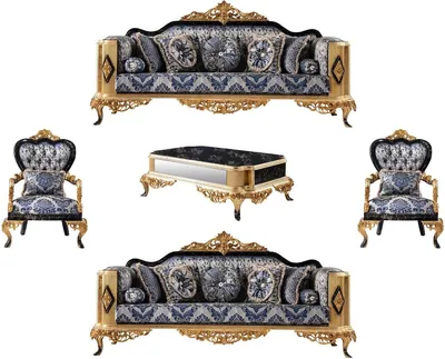Produktbild von Casa Padrino Luxus Barock Wohnzimmer Set Blau / Schwarz / Gold - 2 Barock Sofas & 2 Barock Sessel & 1 Barock Couchtisch - Luxus Wohnzimmer Möbel im Barockstil - Barock Möbel - Edel & Prunkvoll