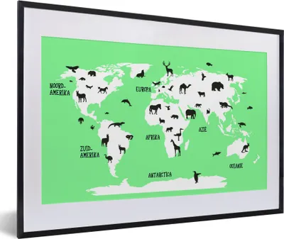 Produktbild von MuchoWow® MuchoWow® Gerahmtes Poster Weltkarte Kinder - Tiere - Mintgrün 60x40 cm - Poster mit zchwarzem Bilderrahmen - Schlafzimmer - Plakat in Rahmen - Drucken