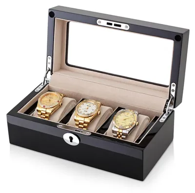 Produktbild von Edle Uhrenbox aus Holz für 3 Uhren – Schwarzer Klavierlack & Beiges Wildleder