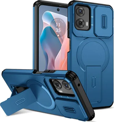 Immagine prodotto di Custodia magnetica per Motorola Moto G 2024, custodia resistente a due strati con protezione scorrevole della fotocamera e supporto regolabile Blu