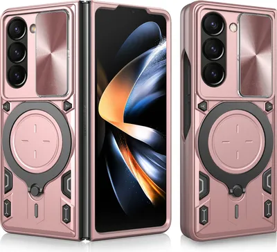 Produktbild von Handyhülle für Samsung Galaxy Z Fold 6 Dual-Layer Stoßfest Rüstung Hülle mit Dia Kameraschutz und Kreisförmig Ring Ständer Roségold