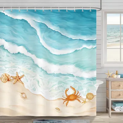 Imagen del producto de Cortina de ducha impermeable, de poliéster, 180x180 cm, con motivos de playa y conchas marinas, para el baño