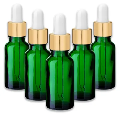 Produktbild von 5x Grüne Glasflasche 20 ml mit goldener Aluminium-Tropfpipette Leer