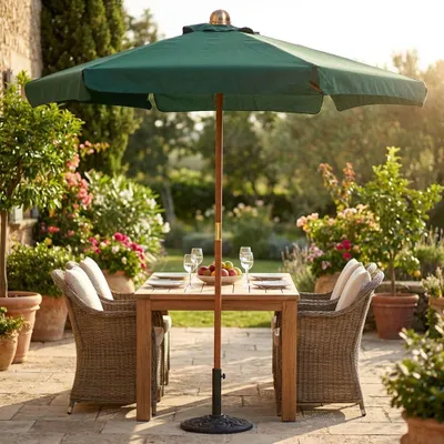 Immagine prodotto di Milani Home - ombrellone da giardino diametro 3 m con palo centrale in legno, telo verde in poliestere, per giardino e terrazzo