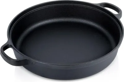 A black cast iron frying pan with two handles is shown on a white background.