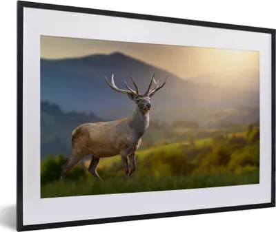 Produktbild von MuchoWow® Gerahmtes Poster Hirsche - Berg - Gras - Sonnenuntergang - Tiere - Natur 60x40 cm - Poster mit Schwarzem Bilderrahmen Wandposter Rahmen Foto Bilder - Schlafzimmer - Plakat in Rahmen - Drucken