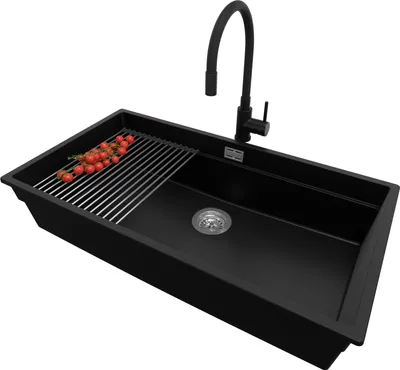 Produktbild von PRIMAGRAN Unterbauspüle Granit Schwarz 86x47cm, Spülbecken 1 Becken + Ablauf-Set + Küchenzubehörset, Granitspüle ab 90er Unterschrank - Praga