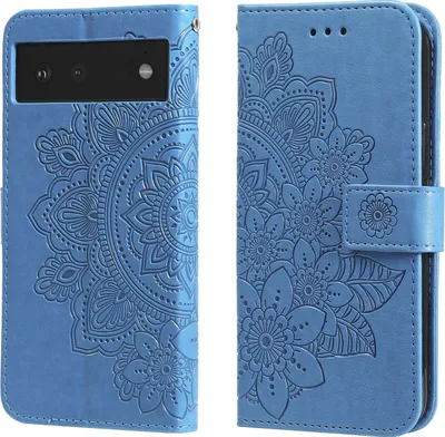 Produktbild von Mobigear Blumen-Handyhülle für Google Pixel 6, Klapphülle mit Geldbörsenfunktion - Blau