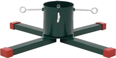 A dark green Christmas tree stand with red caps on its feet, shown against a white background.