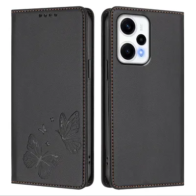 Produktbild von Lederhülle für Xiaomi Poco F5/Redmi Note 12 Turbo 5G, Schmetterling Prägung Leder Brieftasche Schutzhülle mit Ständer Schwarz