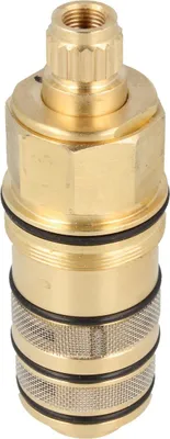 A close-up studio shot of a brass plumbing cartridge.