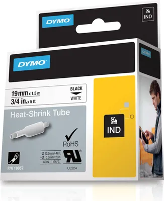 Obrázek produktu pro DYMO RHINO - plochá smršťovací bužírka 19 mm x 1,5 m, černá na bílé, D1, Belgie, 1,5 m, 1 kusů, 34 mm, 87 mm