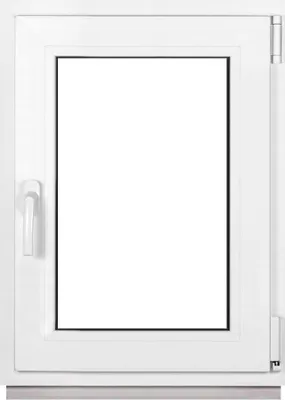 A white PVC window with a glass pane and a handle.