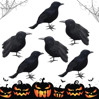 Halloween-Krähen 6 Stk. Kunstvögel mit Federn, 18 cm