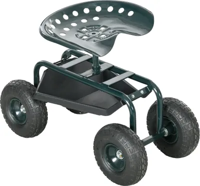 Produktbild von Outsunny wózek warsztatowy na kółkach z koszem do przechowywania mobilny wózek na kółkach obrotowy fotel roboczy ogrodowy fotel na kółkach do małych narzędzi ogrodowych stalowy zielony