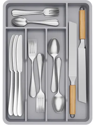 Produktbild von Besteckkasten Besteckorganizer Schubladeneinsatz - 5 Fächer - 24,1 x 34 cm - Grau - Kunststoff