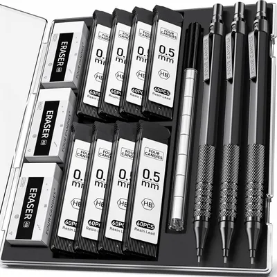 Produktbild von Druckbleistift-Set 0,5 mm Metall-Künstlerbleistift + Minenminen + Radiergummis