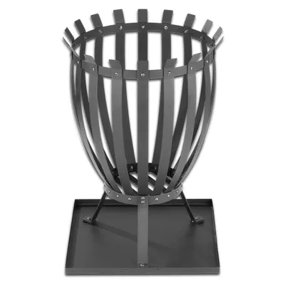 A black metal fire pit on a square base, shown against a white background.