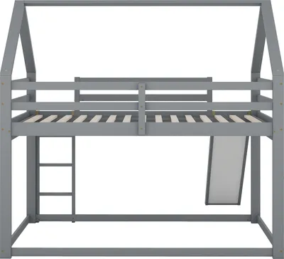Immagine prodotto di okwish letto a castello per bambini 140x200, letto a castello per bambini con scivolo e scaletta, letto a castello in legno massello di pino, senza materasso, grigio