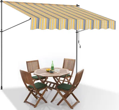 Zdjęcie produktu dla Markiza klipsowa Clanmacy 350 x 120 cm – markiza balkonowa z regulacją wysokości i korbą ręczną; osłona przeciwsłoneczna do montażu bez wiercenia na tarasie i balkonie; kolor: żółty i niebieski