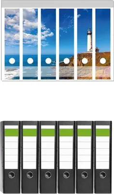 Produktbild von Wallario 6 Stück breite Ordner inkl. Klebeetiketten mit Motive Leuchtturm auf einem Felsvorsprung - Blauer Himmel -  Set mit Rückenschildern / Ordnerrücken Stickern