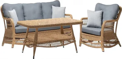 Produktbild von Robuste Garten Rattan Garnitur Couchtisch Gartenmöbel Grau Sessel Sofa 3 Sitzer
