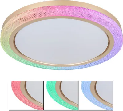 Produktbild von Globo Lighting Deckenleuchte Metall weiß, Kunststoffkristalle klar, Kunststoff goldfarben, Kunststoff opal, dimmbar, mehrere Stufen über Wandschalter, Farben fixierbar, RGB Farbwechsler, RGB Farben fixierbar, RGB Regenbogeneffekt, Memoryfunktion, Nachtlicht, Timer, Fernbedienung, Batterie inkludiert 2x AAA, ø: 505mm, H: 75mm, inkl. LED 20W 230V, 140-2280lm Source, 65-1100lm Output, CCT 2700-6500K, inkl. RGB LED 5W 230V