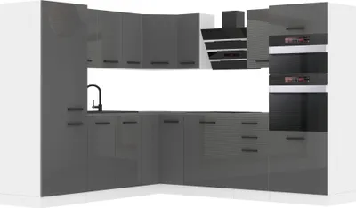 Produktbild von Belini Küchenzeile Küchenblock Küche L-Form STACY Küchenmöbel mit Griffe, Einbauküche ohne Elektrogeräten mit Hängeschränke und Unterschränke, ohne Arbeitsplatten, Silber Hochglanz