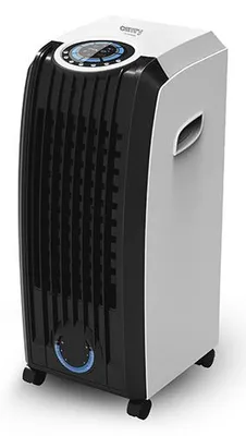 A mobile air cooler with a water cooling system, remote control, and timer, presented on a white background.