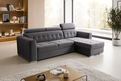 Produktbild von Ecksofa ZARA (265 x 175 cm) – RECHTE SIETE, verstellbare Kopfstützen, ausziehbar, elegante Rückenlehne, funktionaler Bettkasten, KRONOS 22 – Grau
