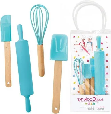 Immagine prodotto di Set di accessori da cucina per bambini, 4 pezzi, in legno e silicone