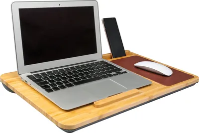 Produktbild von Ergonomische Laptop-Unterlage aus Bambus bis 15 Zoll mit Mauspad, Smartphone Halterung und Knieauflage