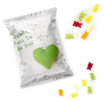 Produktbild von Logbuch-Verlag 10 kleine Päckchen Gummibärchen SCHÖN DASS DU DA BIST Herz grün weiß give-away Gastgeschenk Mitgebsel Hochzeit Geburtstag Gäste10 Stück
