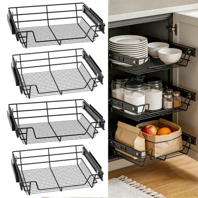 Produktbild von XMTECH 4X Teleskopschublade Küchenschrank Auszug Drahtkorb, Vollauszug Schrankauszug Küchenschublade 60 cm, Metall Schubladenkorb für Küche, Schwarz