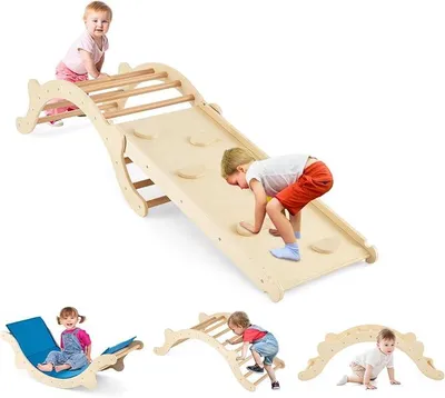 Immagine prodotto di Struttura da gioco multifunzione in legno, con scivolo, scaletta e altalena, ideale per interni, adatta a bambini dai 1 anno in su. Include una rampa reversibile e cuscini